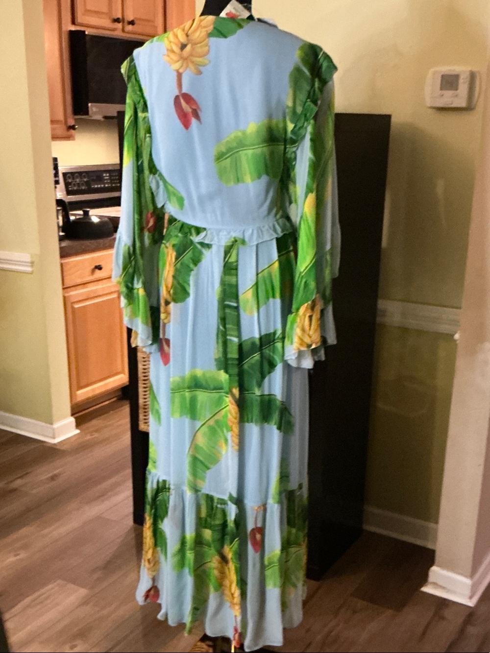 Farm Rio Tropical V-Neck Maxi Dress in Light Blue and Green W Call Out Easy Fix - Picture 2 of 8